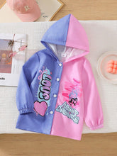 Girls Spring/Autumn Hooded Jacket, Toddler Colorblock Button Up Hoodie Sweatshirt Outwear With Cartoon Heart Print, Young Girl Casual Coat